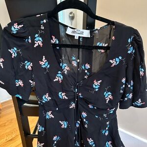 DVF Black Floral top with Blue and Pink Accents